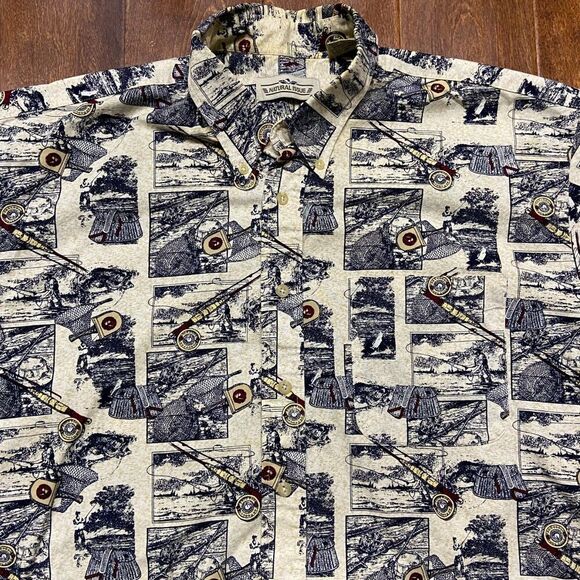 Natural Issue Vintage Fishing AOP Cream Navy Button Front Shirt Men's Size Large - Picture 2 of 9
